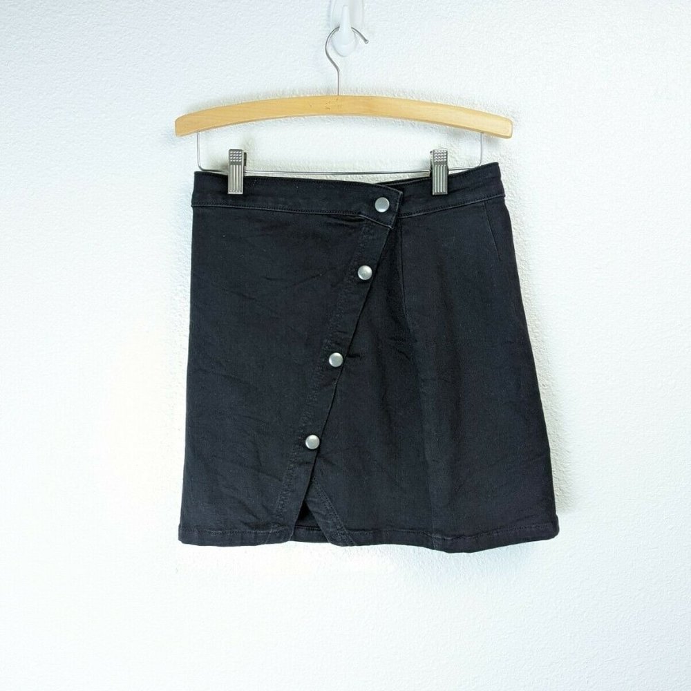 We the Free People Women Black Denim Button Front Short Skirt Size 6 Cotton